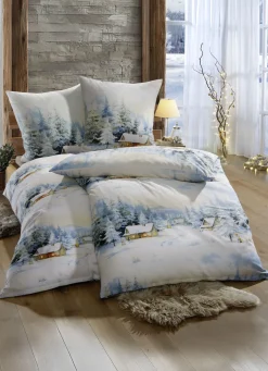 Beidseitig bedruckte Bettwäsche-Garnitur mit Winterlandschaft