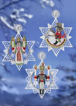 Fensterbild Erzgebirge, 3er-Set, aus echter Plauener Spitze