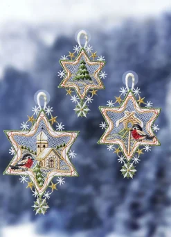 Fensterbild Sterne, 3er-Set, aus Plauener Spitze