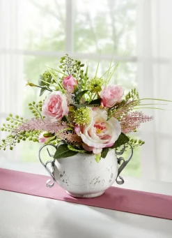 Gesteck in Topf aus Kunst- und Textilmaterial