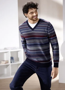 Gestreifter V-Pullover in 2 Farben