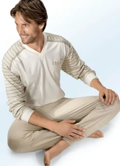 Götting Schlafanzug mit V-Ausschnitt und Bündchenabschlüssen, Naturfaser
