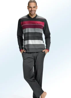 Hajo Klima Komfort Schlafanzug mit V-Ausschnitt und garngefärbtem Ringel