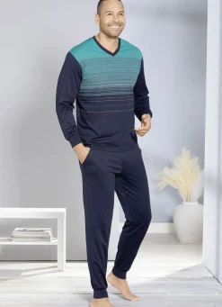 Hajo Klima Komfort Schlafanzug mit V-Ausschnitt und garngefärbtem Ringel