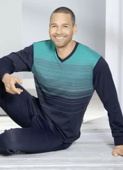 Hajo Klima Komfort Schlafanzug mit V-Ausschnitt und garngefärbtem Ringel