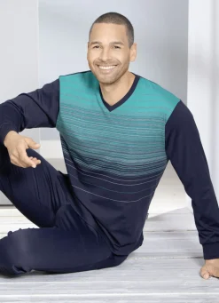 Hajo Klima Komfort Schlafanzug mit V-Ausschnitt und garngefärbtem Ringel