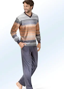 Hajo Klima Komfort Schlafanzug mit V-Ausschnitt, Brusttasche und garngefärbtem Ringeldessin