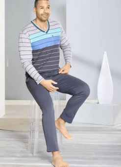 Hajo Klima Komfort Schlafanzug mit V-Ausschnitt und garngefärbtem Ringel