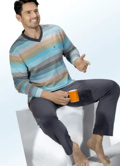 Hajo Klima Komfort Schlafanzug mit garngefärbtem Ringeldessin, V-Ausschnitt, Brusttasche