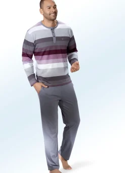 Hajo Klima Komfort Schlafanzug mit garngefärbtem Ringeldessin, Knopfleiste, Brusttasche