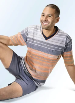 Hajo Klima Komfort Shorty mit garngefärbtem Ringeldessin und V-Aussschnitt