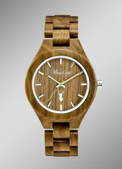 Herrenuhr der Marke Waidzeit, komplett gefertigt aus naturbelassenem Walnussholz