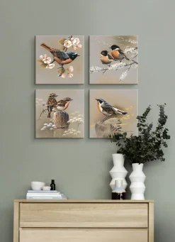 Hochwertiges Bilder-Set mit Vogelszenen, 4-teilig
