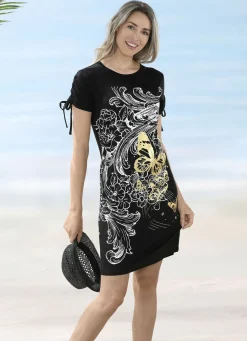 Kleid mit platziertem Druckdessin und raffbaren, kurzen Ärmeln