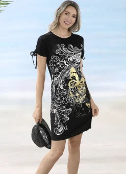 Kleid mit platziertem Druckdessin und raffbaren, kurzen Ärmeln