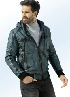 Lederblouson mit angeschnittener Kapuze