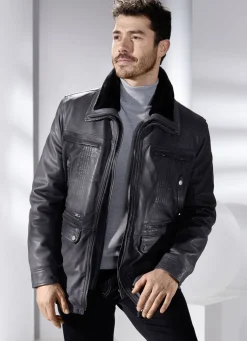 Lederjacke mit abtrennbarem Webpelzkragen