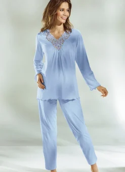 Schlafanzug, Langarm mit V-Ausschnitt und Spitze