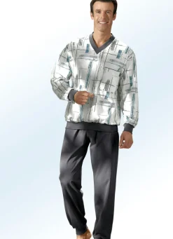 Schlafanzug mit Alloverdessin, V-Ausschnitt und Bündchen