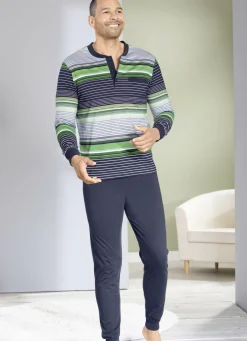 Schlafanzug mit Knopfleiste, aufgesetzter Brusttasche und Bündchen