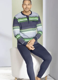 Schlafanzug mit Knopfleiste, aufgesetzter Brusttasche und Bündchen