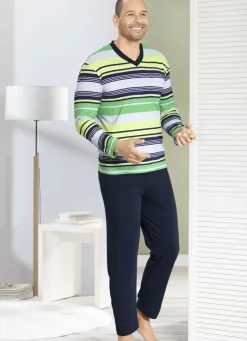 Schlafanzug mit V-Ausschnitt und aufgesetzter Brusttasche im Ringeldessin