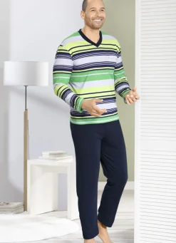 Schlafanzug mit V-Ausschnitt und aufgesetzter Brusttasche im Ringeldessin