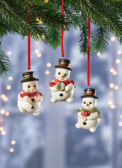 Schneemannhänger aus Feinsteingut, 3er-Set
