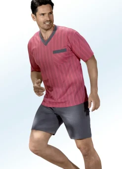 Shorty mit Streifendessin, V-Ausschnitt und Brusttasche