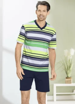 Shorty mit V-Ausschnitt und aufgesetzter Brusttasche, in Ringeldessin