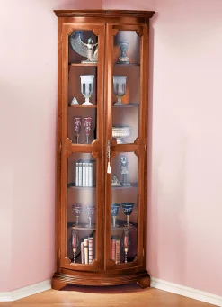 Teilmassive Eckvitrine mit gebogenen Glastüren mit Schloss