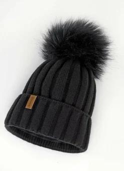 Trendige Damen-Mütze mit breitem Umschlag und Kunstfell-Bommel