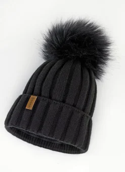 Trendige Damen-Mütze mit breitem Umschlag und Kunstfell-Bommel