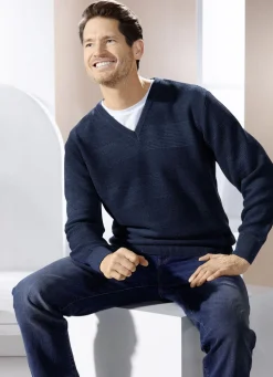V-Pullover mit Strukturdessin in 3 Farben