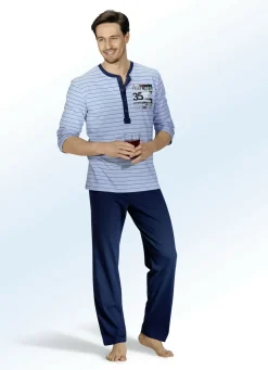 Zweierpack Schlafanzüge mit langer Knopfleiste, garngefärbtem Ringeldessin und Druckmotiv