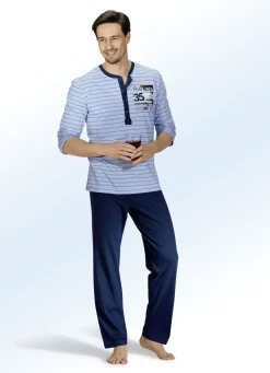 Zweierpack Schlafanzüge mit langer Knopfleiste, garngefärbtem Ringeldessin und Druckmotiv