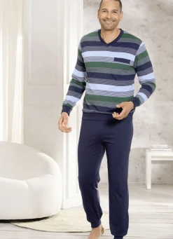 Zweierpack Schlafanzüge mit V-Ausschnitt und aufgesetzter Brusttasche in Ringeldessin