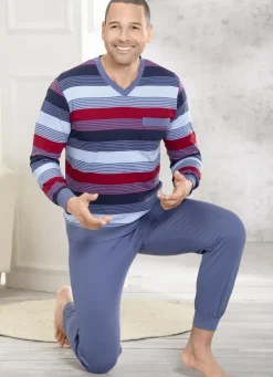 Zweierpack Schlafanzüge mit V-Ausschnitt und aufgesetzter Brusttasche in Ringeldessin