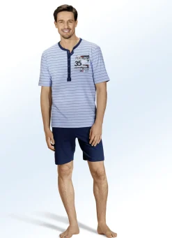 Zweierpack Shortys mit langer Knopfleiste, garngefärbtem Ringeldessin und Druckmotiv