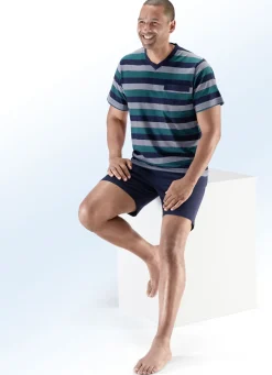 Zweierpack Shortys mit V-Ausschnitt, Brusttasche, garngefärbtem Ringeldessin